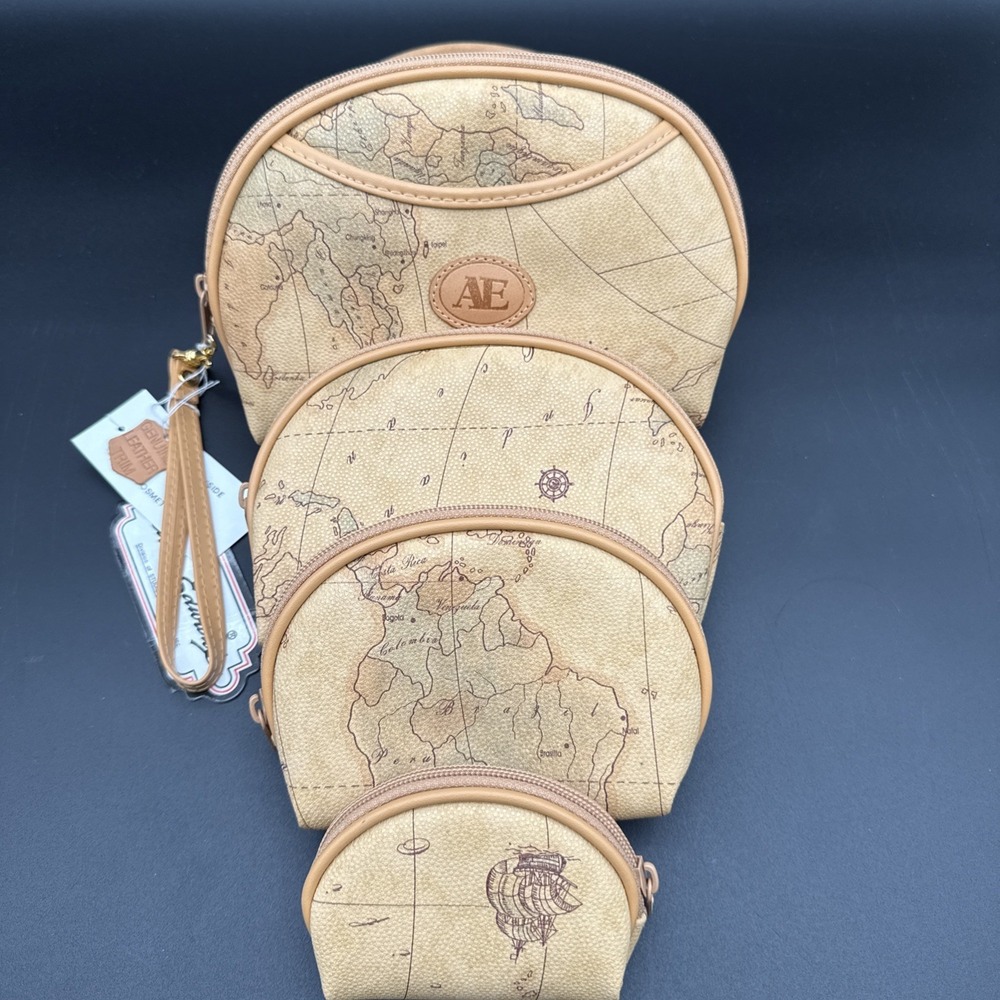 Nesting Doll Make Up Bag World Map Print - Leather Trim New With Tags Vintage - Picture 5 of 12